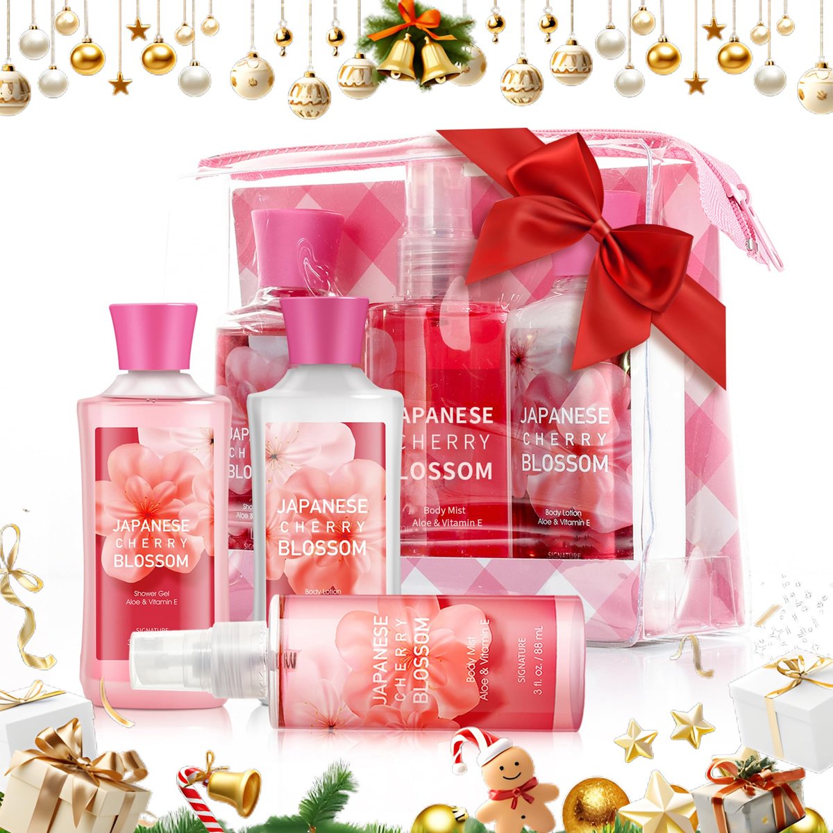 Japanese Cherry Blossom Bath Gift Set for Women & Girls – 3-Piece Spa Collection with Natural Extracts (Shower Gel, Lotion, Body Mist) Avelisse