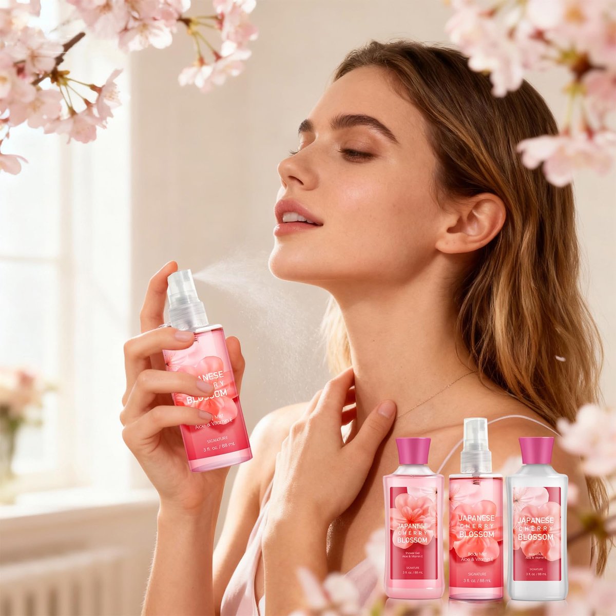 Japanese Cherry Blossom Bath Gift Set for Women & Girls – 3-Piece Spa Collection with Natural Extracts (Shower Gel, Lotion, Body Mist) Avelisse
