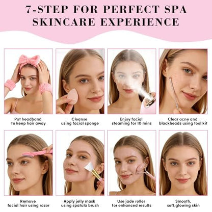 Pjordo Facial Steamer Spa Kit with 17 Skin Care Tools - Nano Ionic Face Steamer for Deep Cleaning, Unclogs Pores, Warm Mist Humidifier for Home Sauna SPA, Pink Avelisse