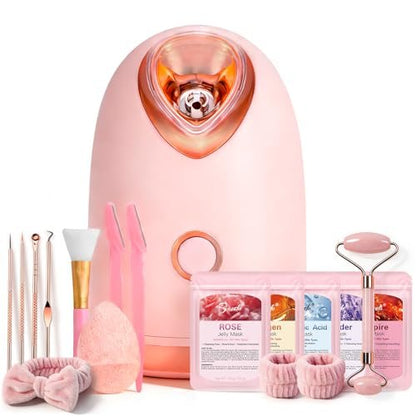 Pjordo Facial Steamer Spa Kit with 17 Skin Care Tools - Nano Ionic Face Steamer for Deep Cleaning, Unclogs Pores, Warm Mist Humidifier for Home Sauna SPA, Pink Avelisse
