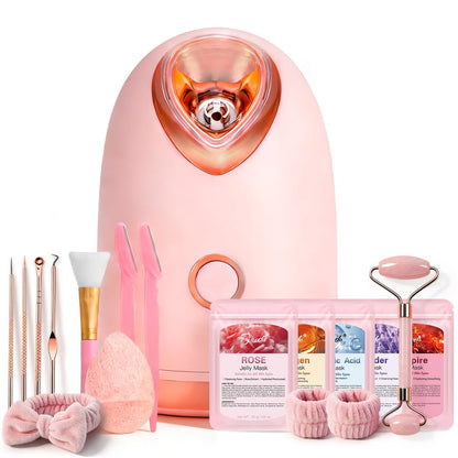 Pjordo Facial Steamer Spa Kit with 17 Skin Care Tools - Nano Ionic Face Steamer for Deep Cleaning, Unclogs Pores, Warm Mist Humidifier for Home Sauna SPA, Pink Avelisse