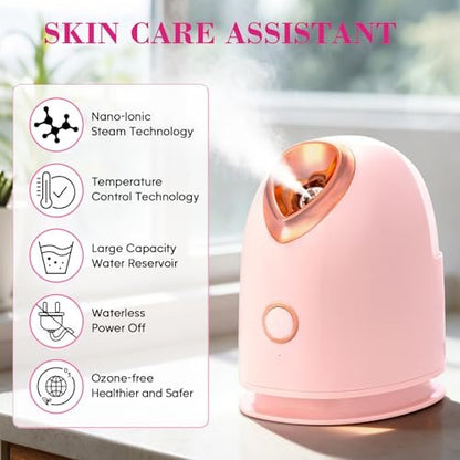 Pjordo Facial Steamer Spa Kit with 17 Skin Care Tools - Nano Ionic Face Steamer for Deep Cleaning, Unclogs Pores, Warm Mist Humidifier for Home Sauna SPA, Pink Avelisse