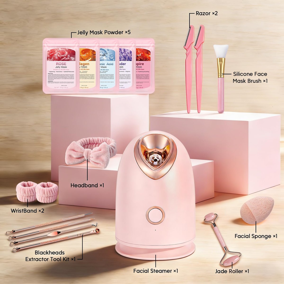 Pjordo Facial Steamer Spa Kit with 17 Skin Care Tools - Nano Ionic Face Steamer for Deep Cleaning, Unclogs Pores, Warm Mist Humidifier for Home Sauna SPA, Pink Avelisse