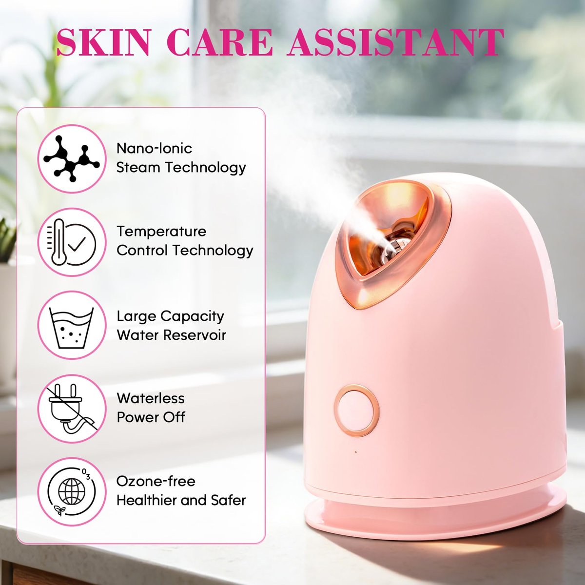 Pjordo Facial Steamer Spa Kit with 17 Skin Care Tools - Nano Ionic Face Steamer for Deep Cleaning, Unclogs Pores, Warm Mist Humidifier for Home Sauna SPA, Pink Avelisse