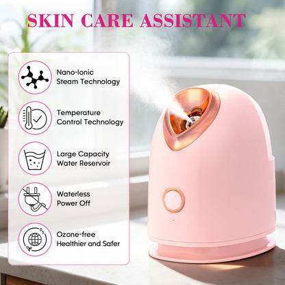 Pjordo Facial Steamer Spa Kit with 17 Skin Care Tools - Nano Ionic Face Steamer for Deep Cleaning, Unclogs Pores, Warm Mist Humidifier for Home Sauna SPA, Pink Avelisse