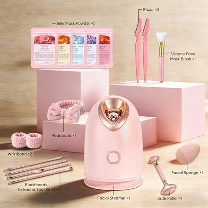 Pjordo Facial Steamer Spa Kit with 17 Skin Care Tools - Nano Ionic Face Steamer for Deep Cleaning, Unclogs Pores, Warm Mist Humidifier for Home Sauna SPA, Pink Avelisse
