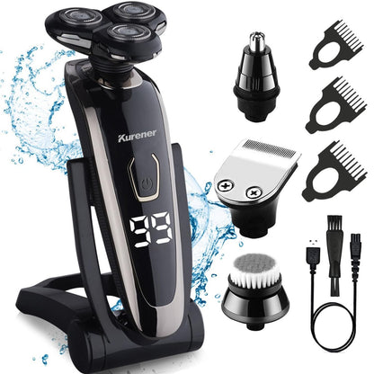 Kurener Electric Razor for Men - Rechargeable Waterproof Rotary Shaver with Nose Trimmer, Sideburns Trimmer & Face Cleaning Brush Avelisse