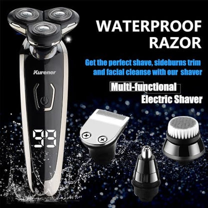 Kurener Electric Razor for Men - Rechargeable Waterproof Rotary Shaver with Nose Trimmer, Sideburns Trimmer & Face Cleaning Brush Avelisse