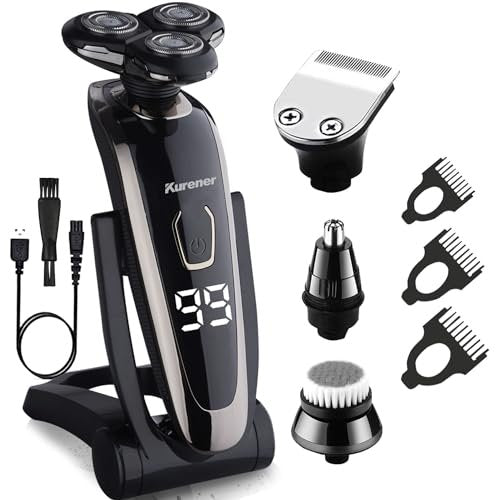 Kurener Electric Razor for Men - Rechargeable Waterproof Rotary Shaver with Nose Trimmer, Sideburns Trimmer & Face Cleaning Brush Avelisse