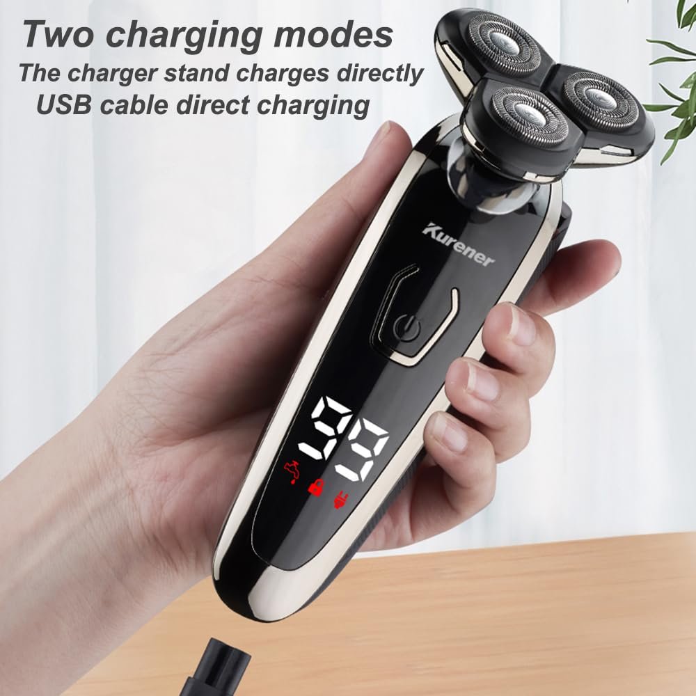 Kurener Electric Razor for Men - Rechargeable Waterproof Rotary Shaver with Nose Trimmer, Sideburns Trimmer & Face Cleaning Brush Avelisse
