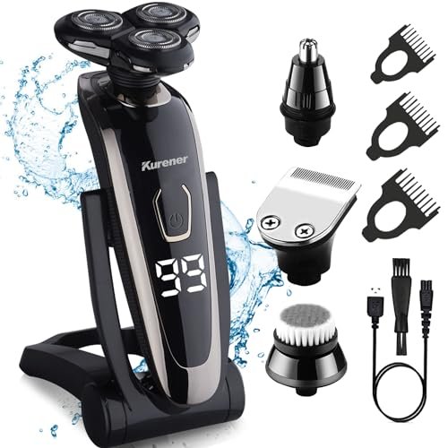 Kurener Electric Razor for Men - Rechargeable Waterproof Rotary Shaver with Nose Trimmer, Sideburns Trimmer & Face Cleaning Brush Avelisse