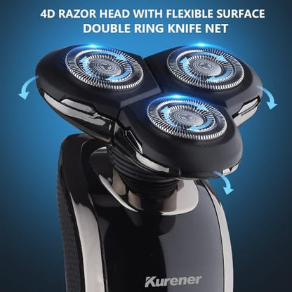 Kurener Electric Razor for Men - Rechargeable Waterproof Rotary Shaver with Nose Trimmer, Sideburns Trimmer & Face Cleaning Brush Avelisse