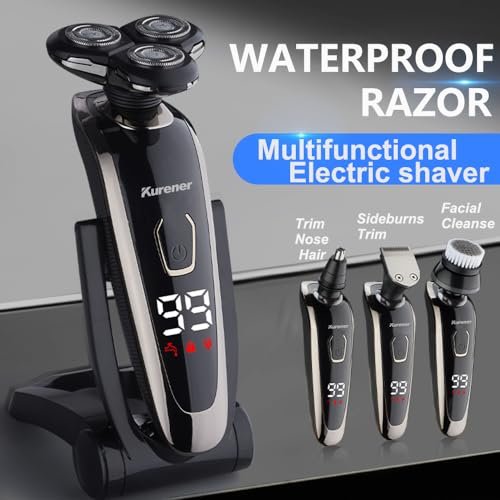 Kurener Electric Razor for Men - Rechargeable Waterproof Rotary Shaver with Nose Trimmer, Sideburns Trimmer & Face Cleaning Brush Avelisse