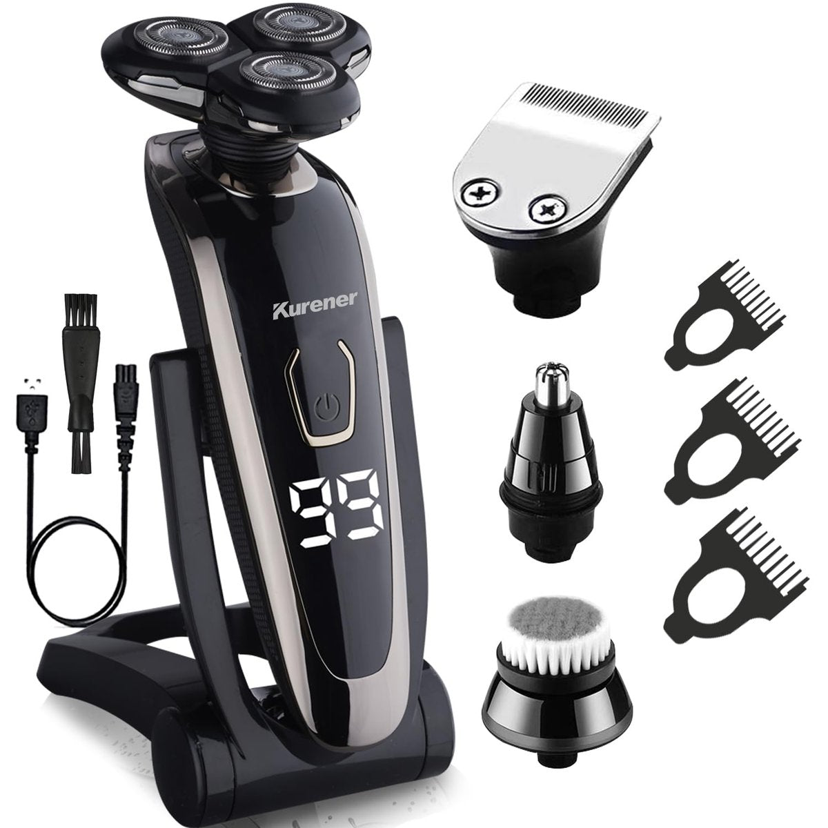 Kurener Electric Razor for Men - Rechargeable Waterproof Rotary Shaver with Nose Trimmer, Sideburns Trimmer & Face Cleaning Brush Avelisse