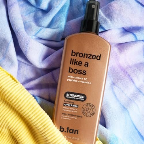 b.tan Bronzed Like a Boss Sun Tanning Lotion Spray - Outdoor Bronzing Accelerator with Coconut Oil, Peptides & Vitamin E, 8.45 Fl Oz Avelisse