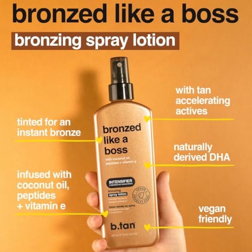 b.tan Bronzed Like a Boss Sun Tanning Lotion Spray - Outdoor Bronzing Accelerator with Coconut Oil, Peptides & Vitamin E, 8.45 Fl Oz Avelisse