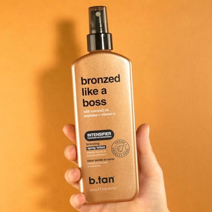 b.tan Bronzed Like a Boss Sun Tanning Lotion Spray - Outdoor Bronzing Accelerator with Coconut Oil, Peptides & Vitamin E, 8.45 Fl Oz Avelisse