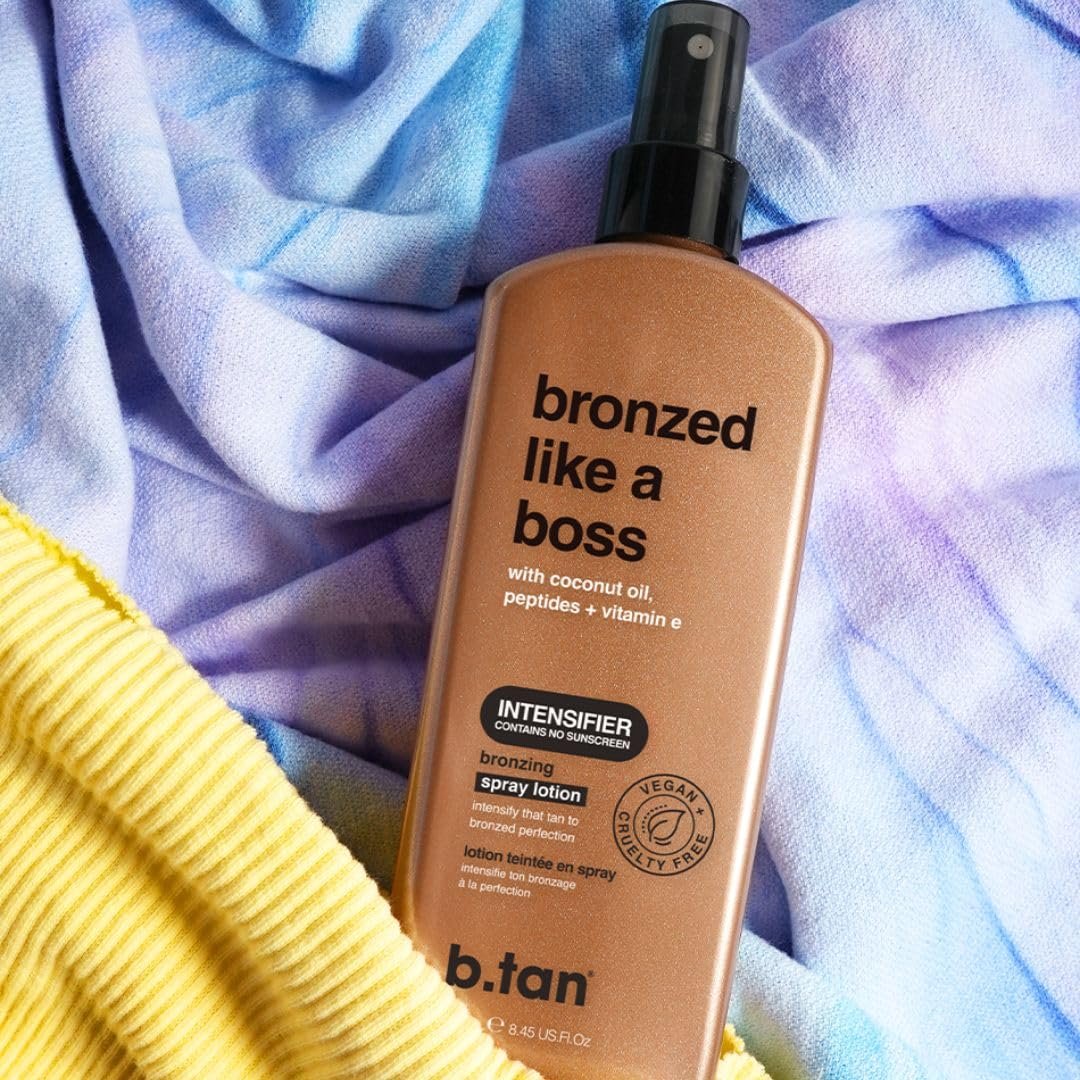 b.tan Bronzed Like a Boss Sun Tanning Lotion Spray - Outdoor Bronzing Accelerator with Coconut Oil, Peptides & Vitamin E, 8.45 Fl Oz Avelisse