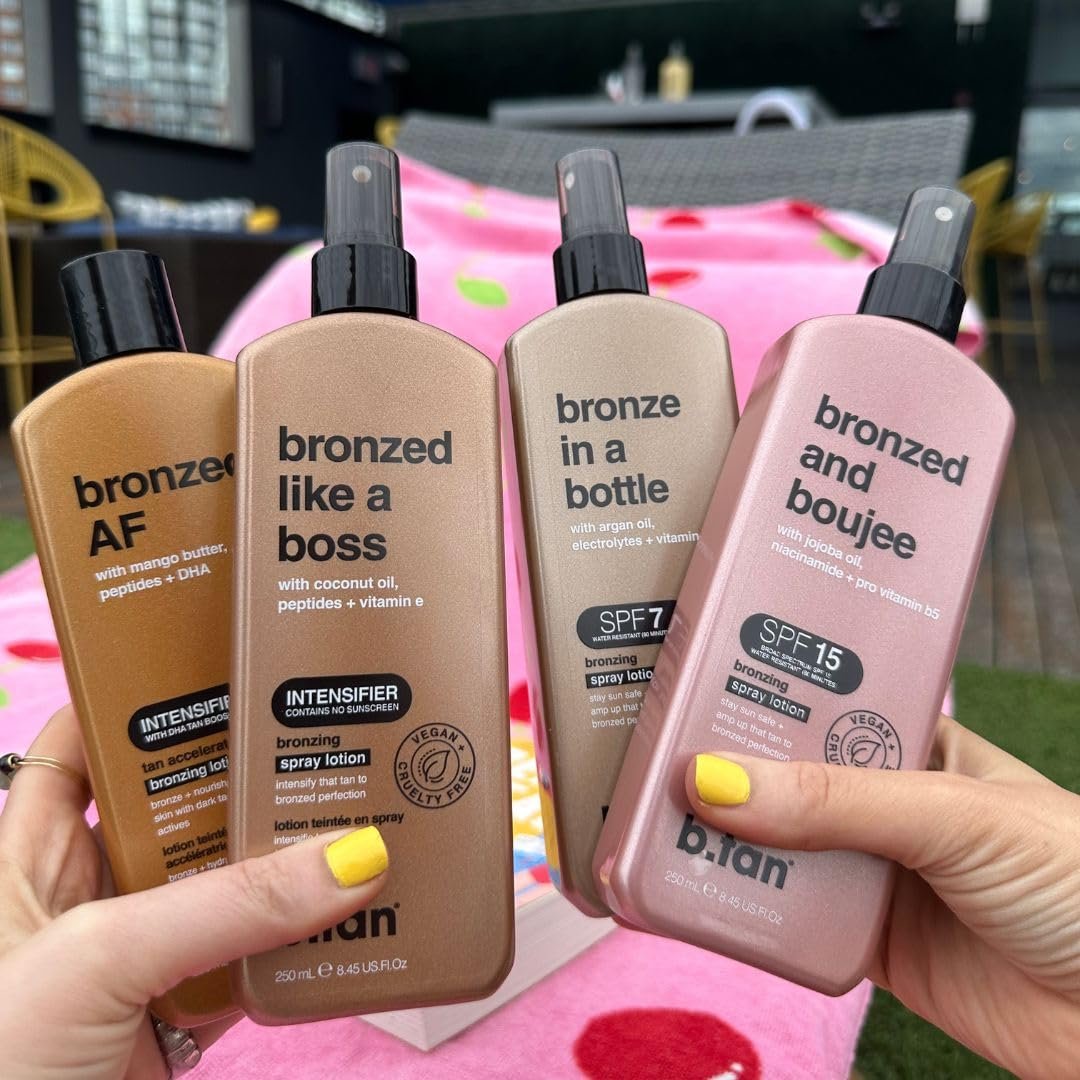 b.tan Bronzed Like a Boss Sun Tanning Lotion Spray - Outdoor Bronzing Accelerator with Coconut Oil, Peptides & Vitamin E, 8.45 Fl Oz Avelisse