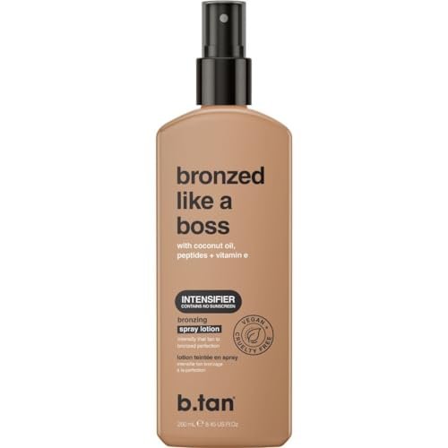 b.tan Bronzed Like a Boss Sun Tanning Lotion Spray - Outdoor Bronzing Accelerator with Coconut Oil, Peptides & Vitamin E, 8.45 Fl Oz Avelisse