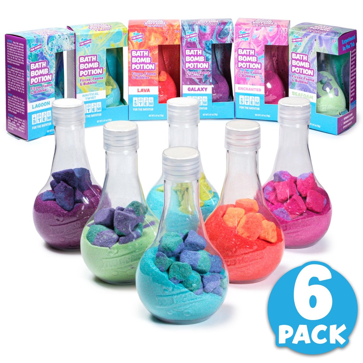 Tub Works Kids Bath Bomb Potion 6 Pack – Nontoxic Interactive Bath Bombs with Fizz, Foam & Color Eruption | Fun Science Toddler Bath Toys Avelisse
