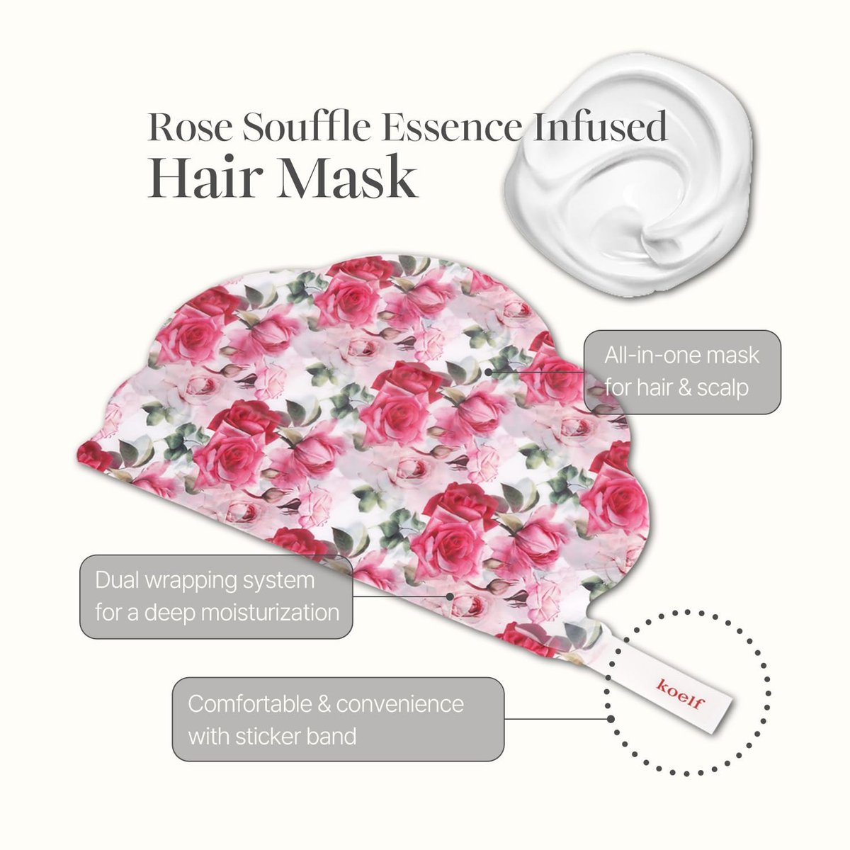 Koelf Rose Petal Satin Hair Mask - Intensive Nourishing & Repairing Cap Mask for Silky, Moisturizing Hair, Strengthens Scalp, Rose Essence Treatment (5 Pack) Avelisse