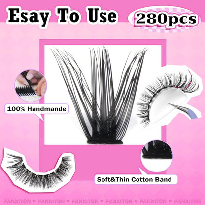 280 Pcs Cluster Lashes D Volume Eyelashes Extensions 9-16 mm Mix 40D+50D Thin Band Individual Lashes for DIY Lash Extension Beginners