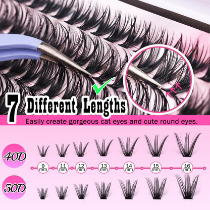 280 Pcs Cluster Lashes D Volume Eyelashes Extensions 9-16 mm Mix 40D+50D Thin Band Individual Lashes for DIY Lash Extension Beginners