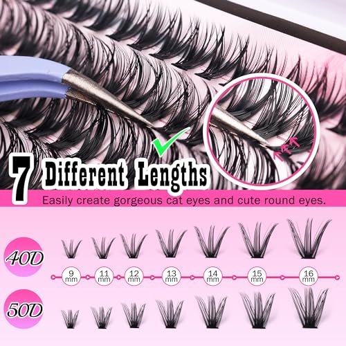 280 Pcs Cluster Lashes D Volume Eyelashes Extensions 9-16 mm Mix 40D+50D Thin Band Individual Lashes for DIY Lash Extension Beginners - görsel 10