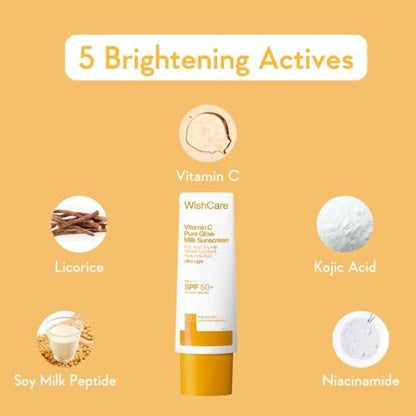 WishCare Vitamin C Sunscreen SPF 50 PA++++ Pure Glow Milk - Oil Free, No White Cast, 50g