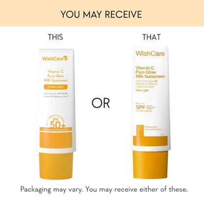 WishCare Vitamin C Sunscreen SPF 50 PA++++ Pure Glow Milk - Oil Free, No White Cast, 50g