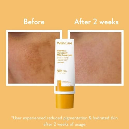 WishCare Vitamin C Sunscreen SPF 50 PA++++ Pure Glow Milk - Oil Free, No White Cast, 50g