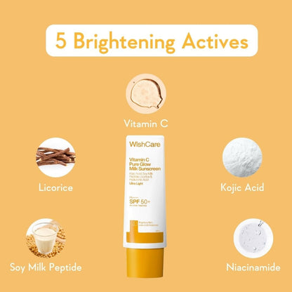 WishCare Vitamin C Sunscreen SPF 50 PA++++ Pure Glow Milk - Oil Free, No White Cast, 50g