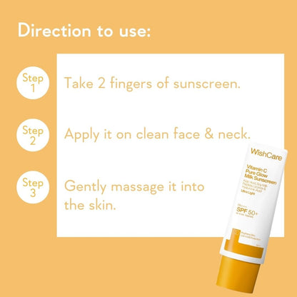 WishCare Vitamin C Sunscreen SPF 50 PA++++ Pure Glow Milk - Oil Free, No White Cast, 50g