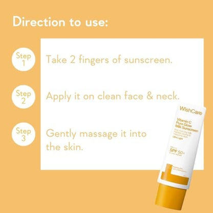 WishCare Vitamin C Sunscreen SPF 50 PA++++ Pure Glow Milk - Oil Free, No White Cast, 50g