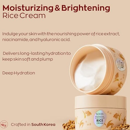 SOQU Moisturizing and Brightening Rice Cream – Deep Hydration, Brightens and Evens Skin Tone – 70g / 2.48oz – Made in Korea Avelisse