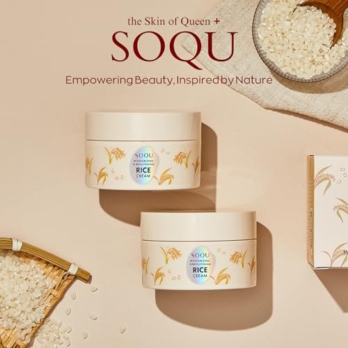 SOQU Moisturizing and Brightening Rice Cream – Deep Hydration, Brightens and Evens Skin Tone – 70g / 2.48oz – Made in Korea Avelisse