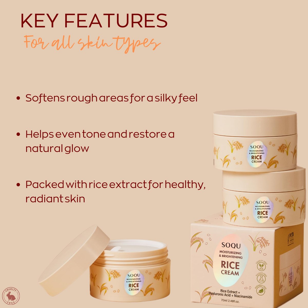 SOQU Moisturizing and Brightening Rice Cream – Deep Hydration, Brightens and Evens Skin Tone – 70g / 2.48oz – Made in Korea Avelisse
