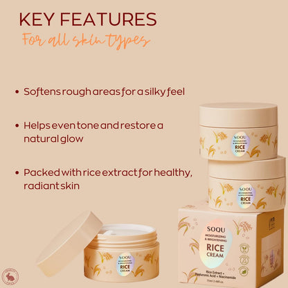 SOQU Moisturizing and Brightening Rice Cream – Deep Hydration, Brightens and Evens Skin Tone – 70g / 2.48oz – Made in Korea Avelisse