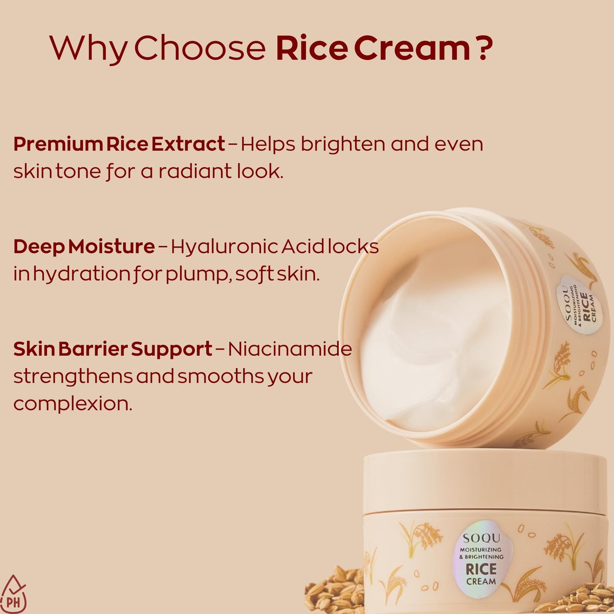 SOQU Moisturizing and Brightening Rice Cream – Deep Hydration, Brightens and Evens Skin Tone – 70g / 2.48oz – Made in Korea Avelisse
