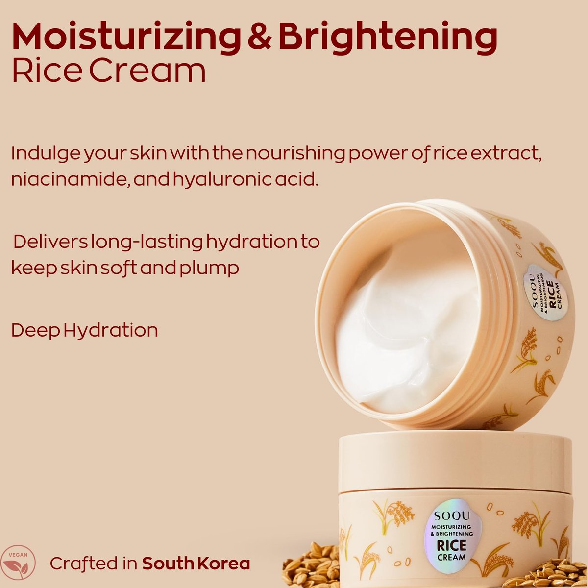 SOQU Moisturizing and Brightening Rice Cream – Deep Hydration, Brightens and Evens Skin Tone – 70g / 2.48oz – Made in Korea Avelisse