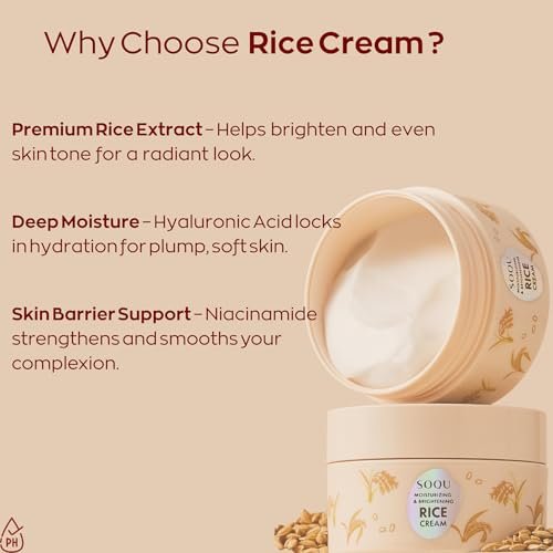 SOQU Moisturizing and Brightening Rice Cream – Deep Hydration, Brightens and Evens Skin Tone – 70g / 2.48oz – Made in Korea Avelisse