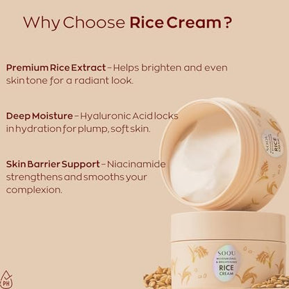 SOQU Moisturizing and Brightening Rice Cream – Deep Hydration, Brightens and Evens Skin Tone – 70g / 2.48oz – Made in Korea Avelisse