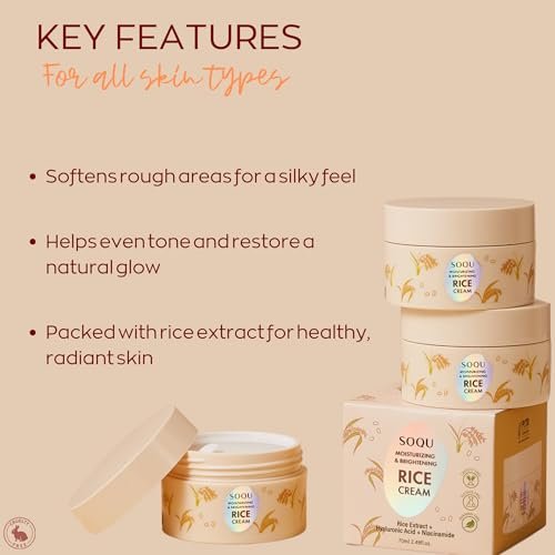 SOQU Moisturizing and Brightening Rice Cream – Deep Hydration, Brightens and Evens Skin Tone – 70g / 2.48oz – Made in Korea Avelisse