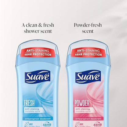 Suave Deodorant Women, Antiperspirant, Powder and Fresh Bundle, 48-Hour Odor & Wetness Protection, with Essential Oils, Anti-Staining, No Baking Soda, 4 x 2.6 oz