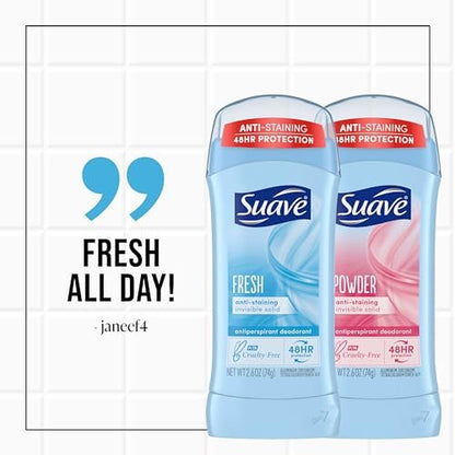 Suave Deodorant Women, Antiperspirant, Powder and Fresh Bundle, 48-Hour Odor & Wetness Protection, with Essential Oils, Anti-Staining, No Baking Soda, 4 x 2.6 oz