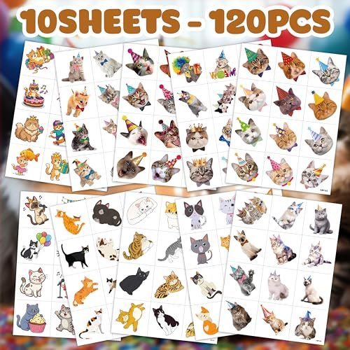 120 PCS Funny Cat Pre-cut Temporary Tattoos Stickers – Cute Pet Animal Themed Party Favors for Kids, Girls, Boys, Baby Showers, School Rewards & Home Decor - görsel 6