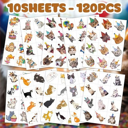 120 PCS Funny Cat Pre-cut Temporary Tattoos Stickers – Cute Pet Animal Themed Party Favors for Kids, Girls, Boys, Baby Showers, School Rewards & Home Decor