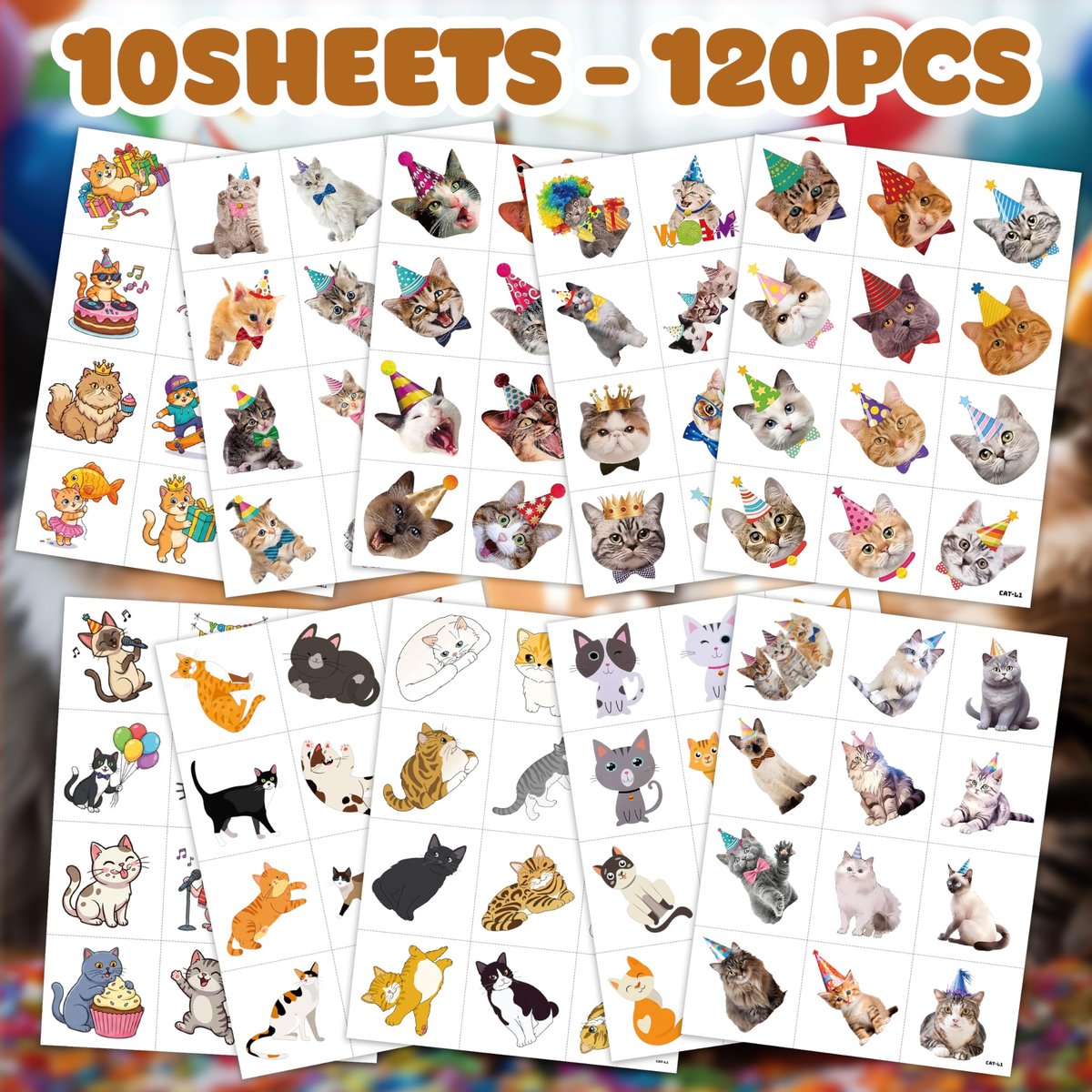 120 PCS Funny Cat Pre-cut Temporary Tattoos Stickers – Cute Pet Animal Themed Party Favors for Kids, Girls, Boys, Baby Showers, School Rewards & Home Decor - görsel 5