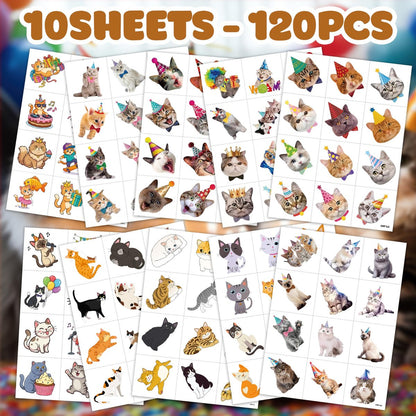 120 PCS Funny Cat Pre-cut Temporary Tattoos Stickers – Cute Pet Animal Themed Party Favors for Kids, Girls, Boys, Baby Showers, School Rewards & Home Decor